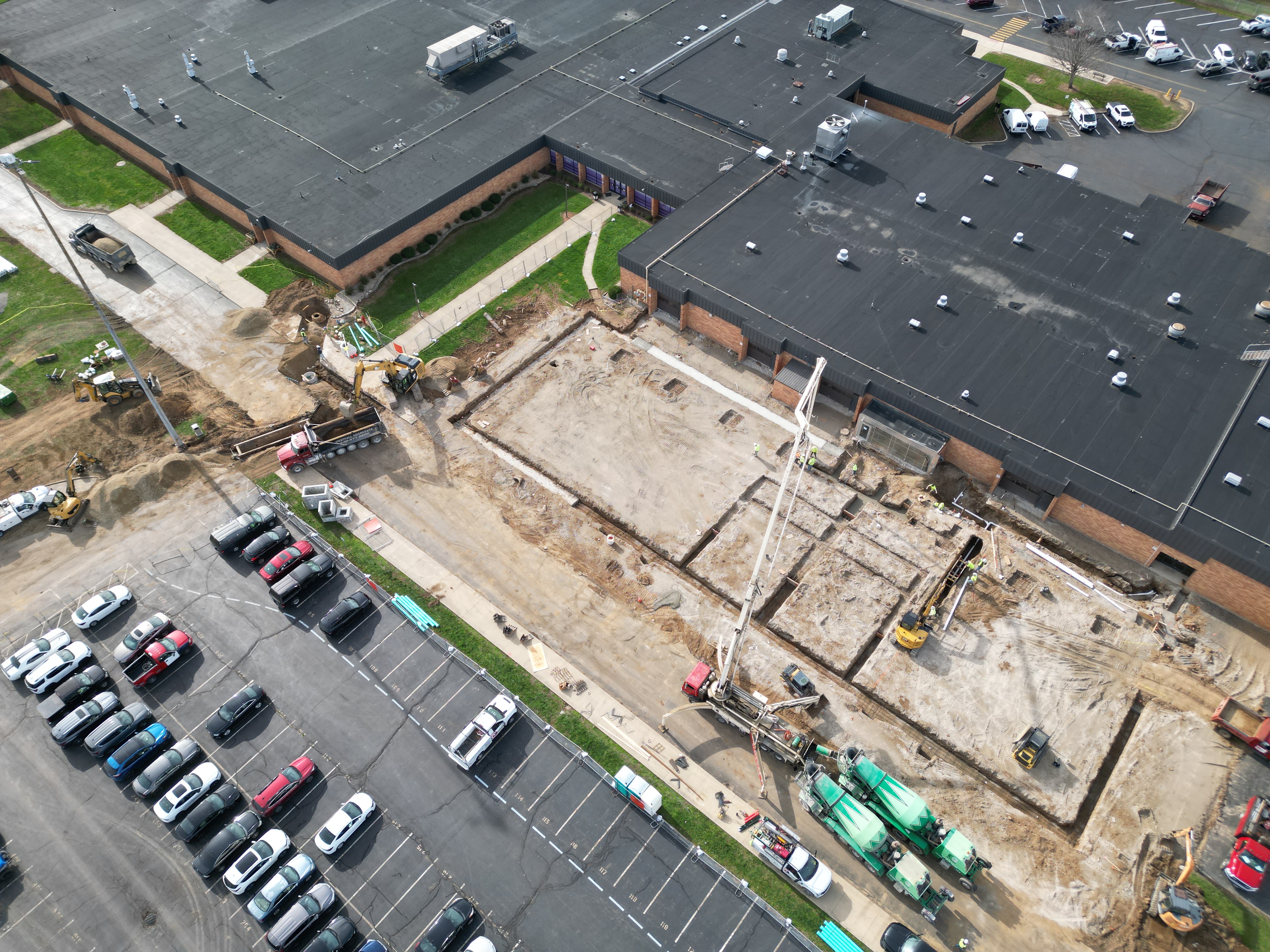 drone view of concrete being poured